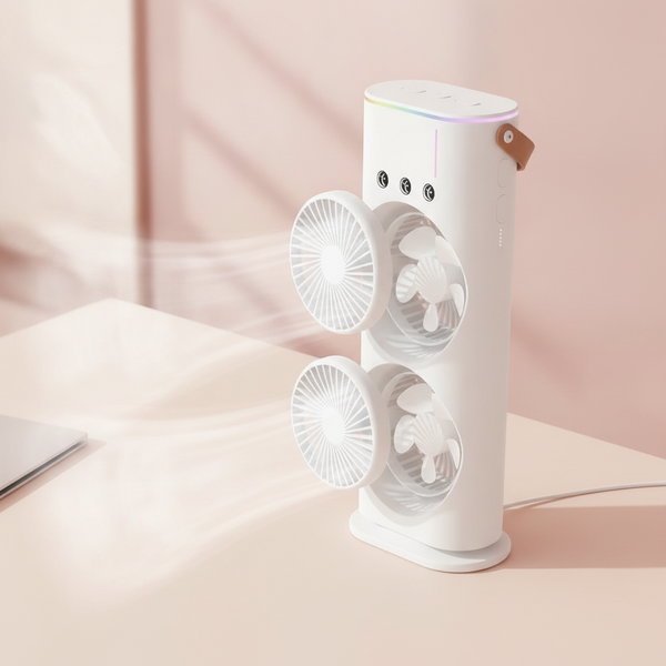 A Double Mini Tower Fan Cooler with RGB light on a cream desk, showcasing its dual fans creating a wide cooling zone.