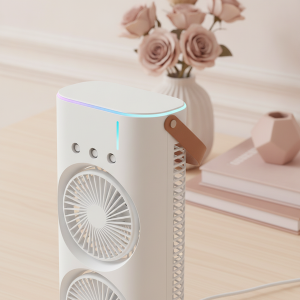 Close-up of the Double Mini Tower Fan Cooler's reinforced frame and leather handle on a warm cream desk, highlighting its dur