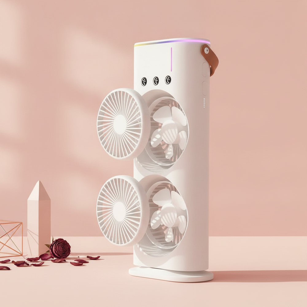 Double Mini Tower Fan Cooler with dual fans, RGB light, and a leather handle, centered on a blush pink to warm cream gradient
