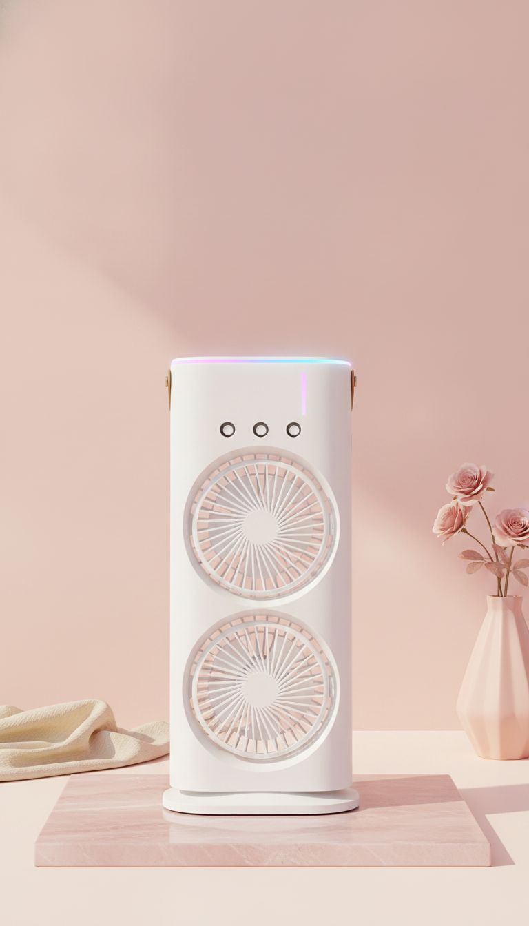 Double Mini Tower Fan Cooler with dual fans, RGB light, and leather handle, centered on a soft blush pink and warm cream grad