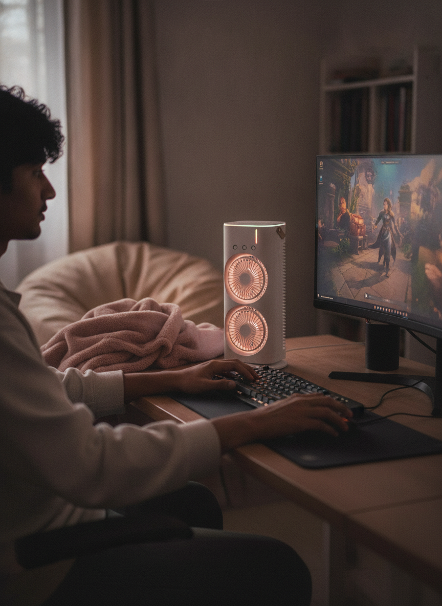 A gaming setup in a dark Delhi bedroom with a glowing Double Mini Tower Fan Cooler on the desk, its RGB lights casting a warm