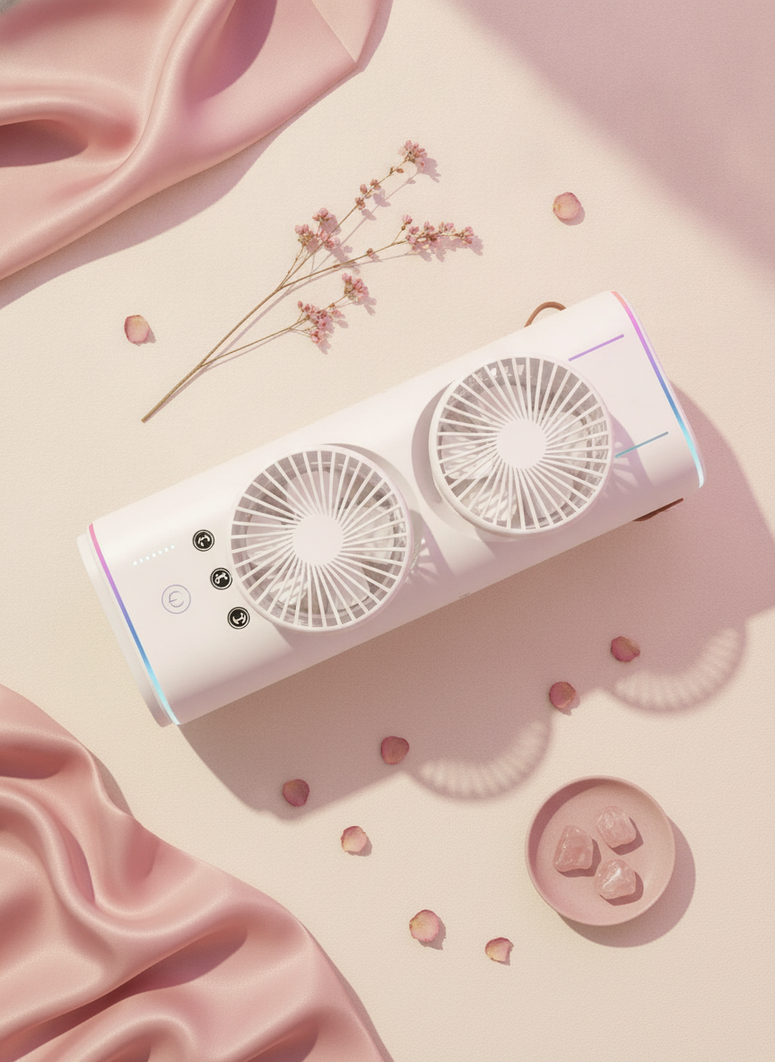 A luxurious flat-lay shot of the Double Mini Tower Fan Cooler, featuring its dual fans, RGB light, and leather handle, on a w