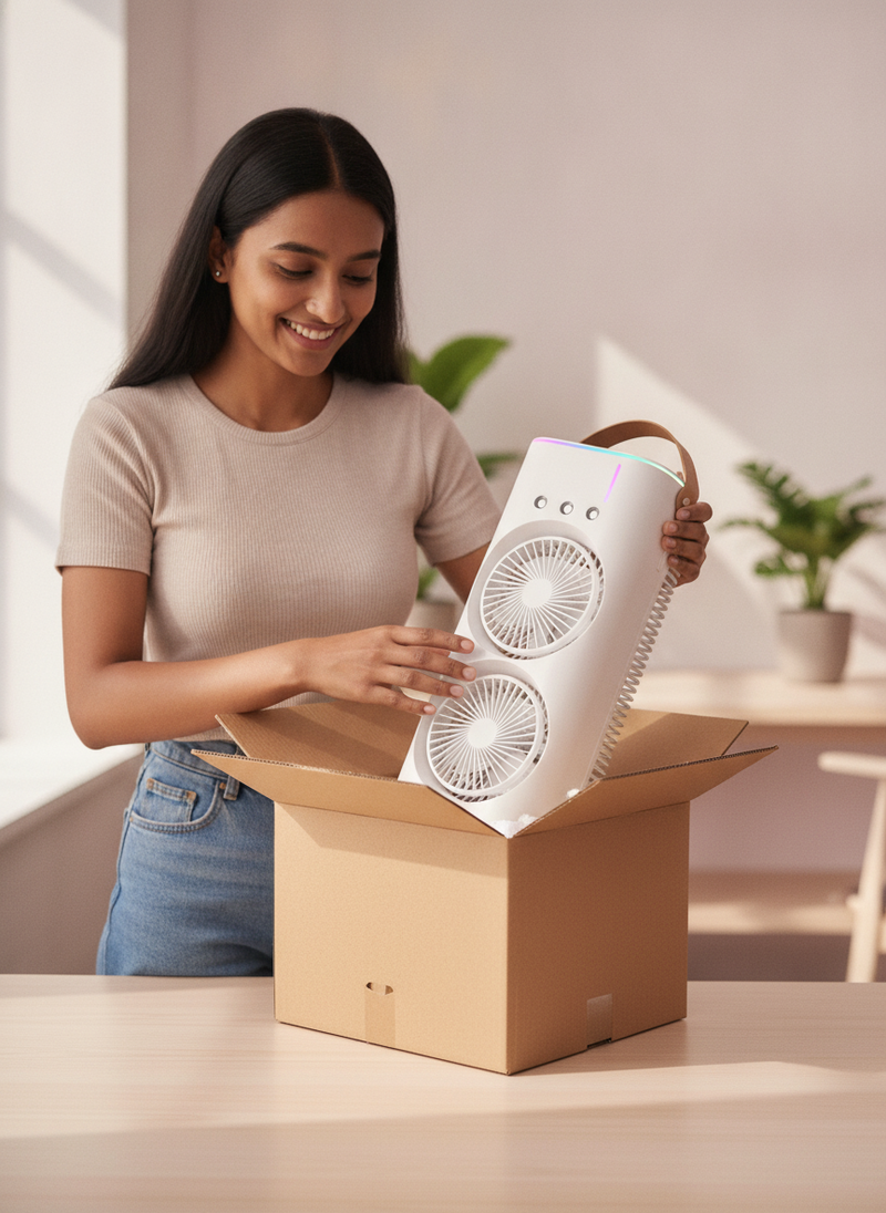 A South Asian person unboxes a Double Mini Tower Fan Cooler with RGB light and leather handle on a minimalist desk in a Banga