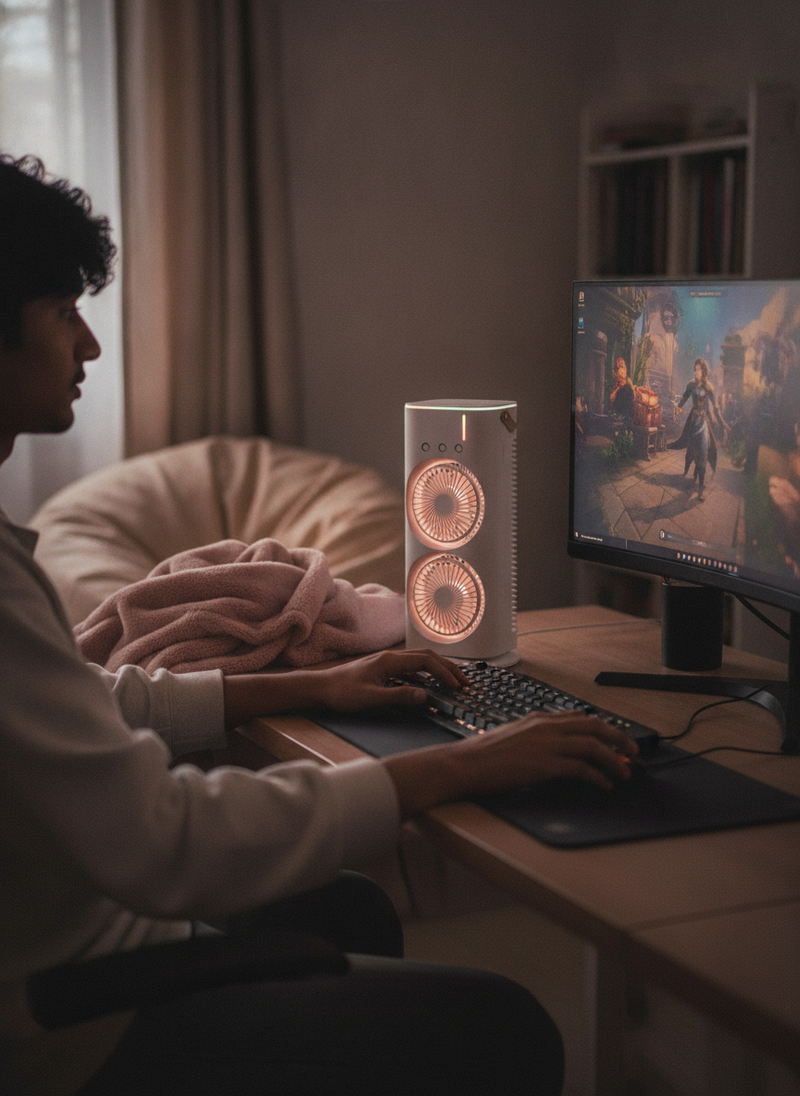 A gaming setup in a dark Delhi bedroom with a glowing Double Mini Tower Fan Cooler on the desk, its RGB lights casting a warm
