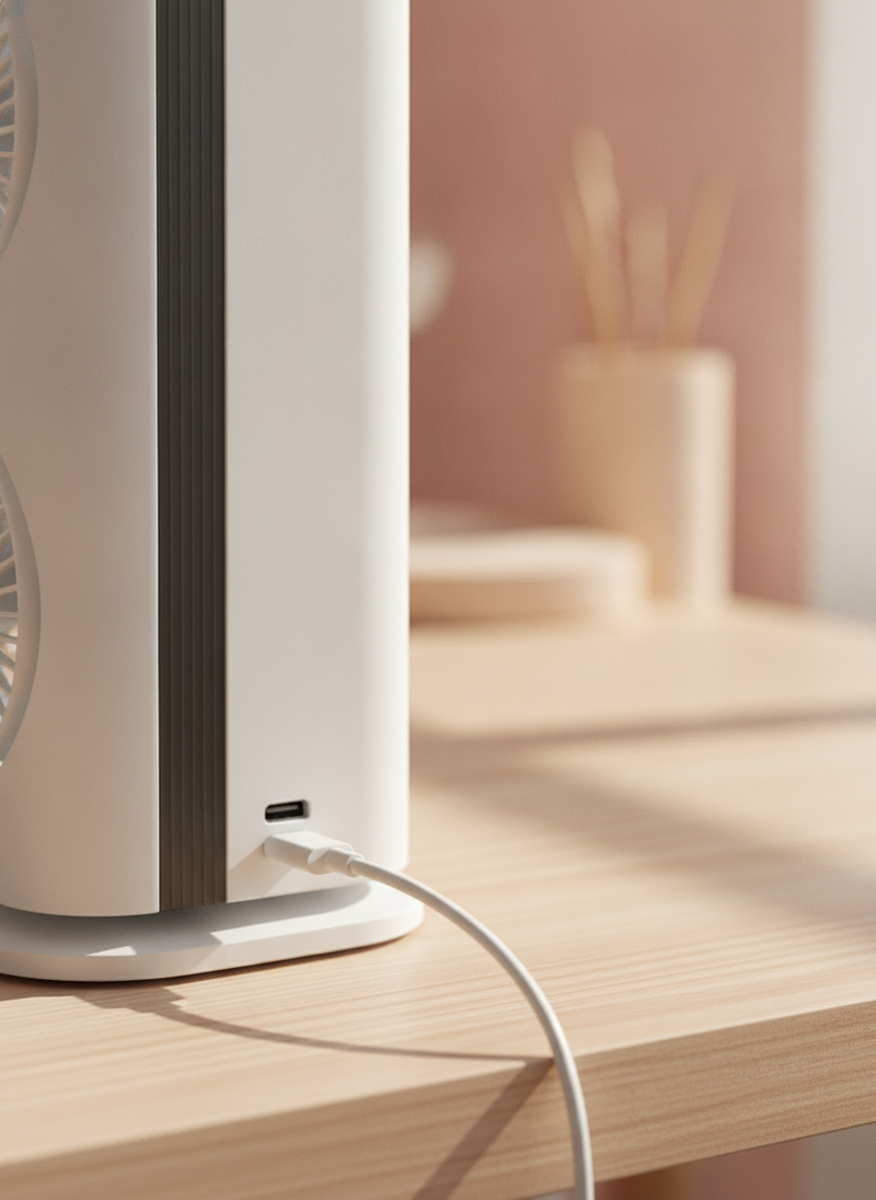 Close-up of the Double Mini Tower Fan Cooler's aluminum frame and USB-C port on a modern wooden desk.